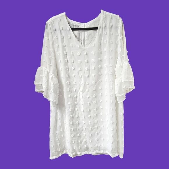 BELONGSCI Women's ultra white Plus size sheer clip dot Bell sleeve midi dress - Picture 4 of 10